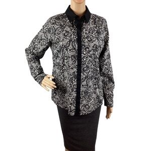 Chico's No Iron Button Down Top Size S Black Floral Print Long Sleeve